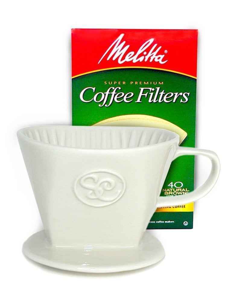 Simply Charmed Ceramic Pour Over Coffee Maker with 40 Count Melitta Filters - Elegant Single Serve Coffee Dripper for Rich Brewed Pour Over Coffee - Base Measures 4", Height 3" - Brews 8-16 oz - Image 1